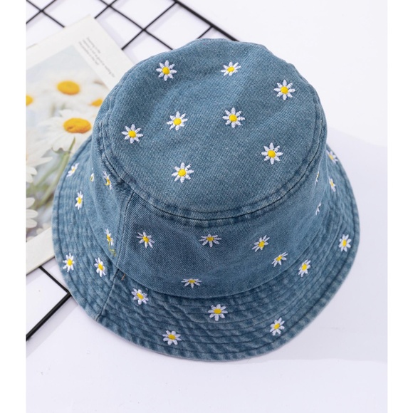 Boho Daisy Embroidered Denim Jean Bucket Hat - Picture 2 of 5
